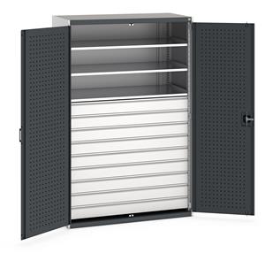 Bott cubio kitted cupboard with lockable steel perfo lined doors 1050mm wide x 650mm deep x 2000mm high.  Supplied with 9 x 125mm high drawers and 3 x metal shelves.   Drawer capacity 75kgs, shelf capacity 160kgs. ... 1300mm Wide 650mm deep Bott Cubio Cupboards